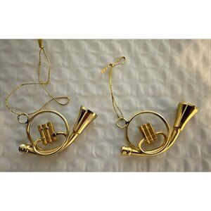 2 Vintage Christmas Ornaments 2" Gold Metal French Horns Musical Instruments